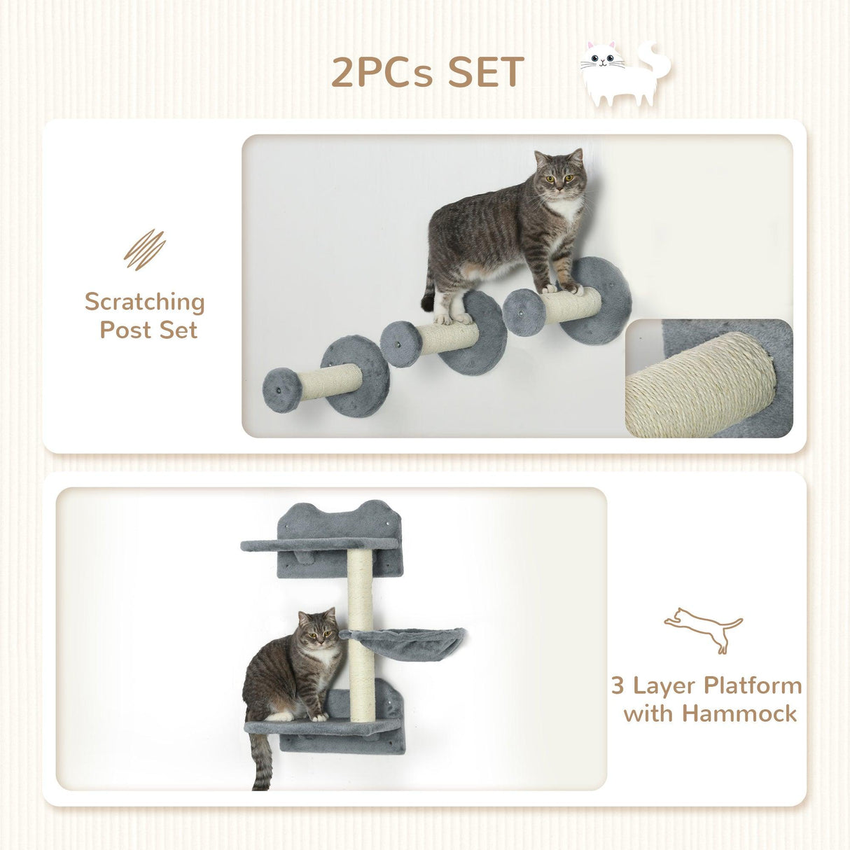 4-Piece Wall-Mounted Cat Shelf Set - Hammock, Platforms, Scratching Post, Grey - Cat Walls - Purr Wish