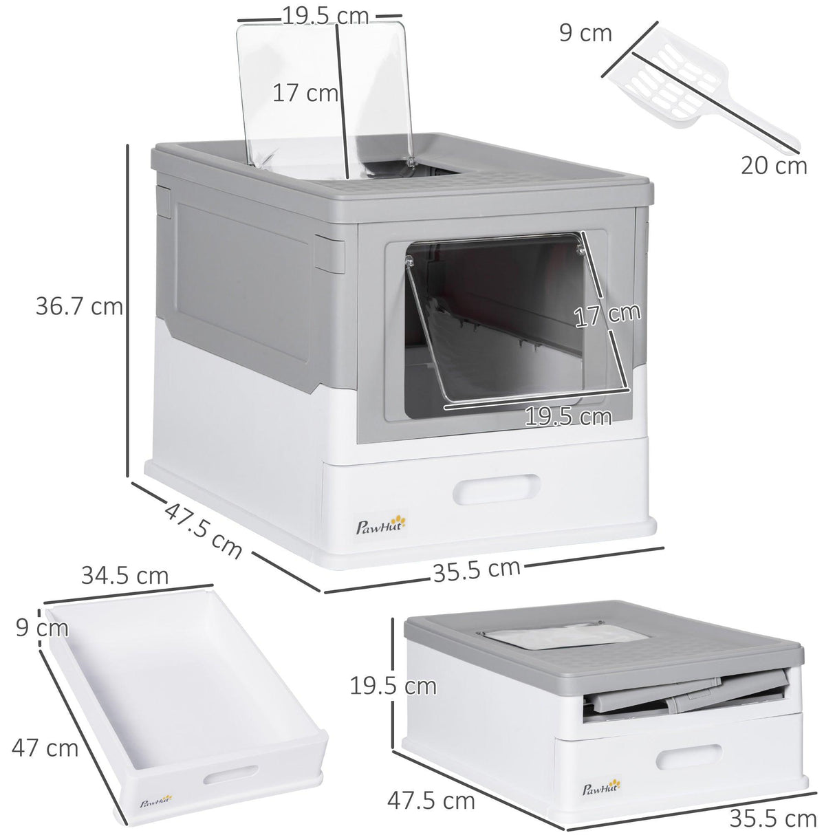 Hooded Cat Litter Box with Scoop - Grey & White - Cat Litter Trays - Purr Wish