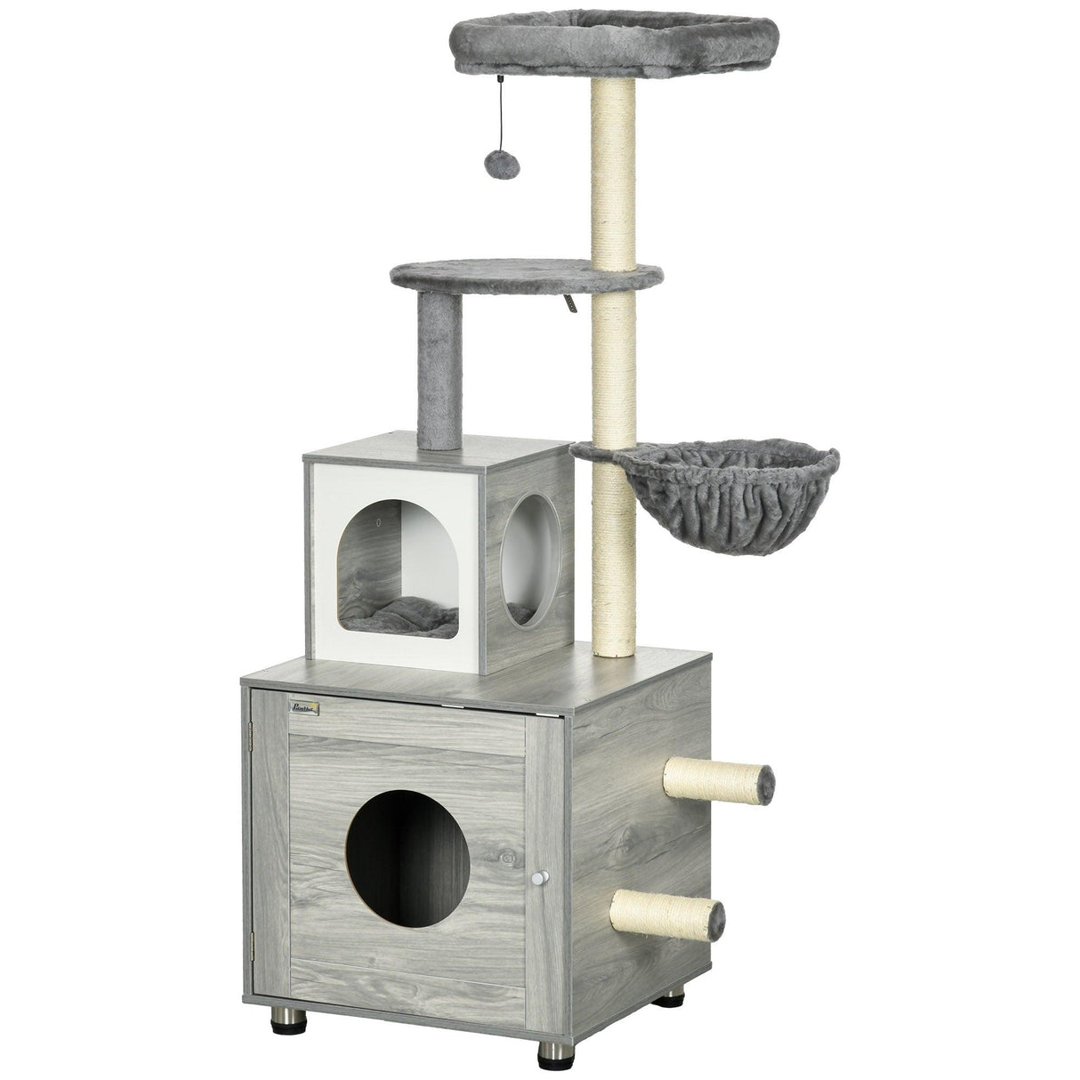 2-in-1 Cat Litter Box and Cat Tree House, Scratching Posts - Grey - Cat Litter Trays - Purr Wish