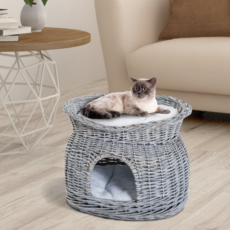 Grey Wicker 2-Tier Cat House with Washable Cushions, 56L x 37W x 40h-cm