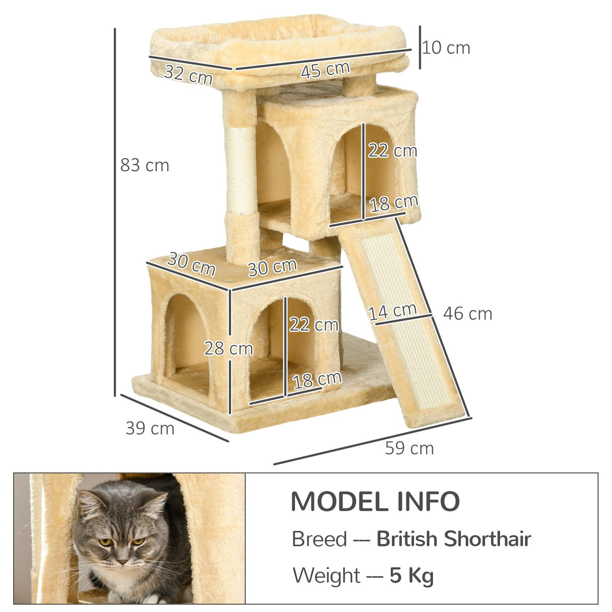 Cat Activity Tree with 2 Houses, 83cm - Cream White - Cat Trees - Purr Wish