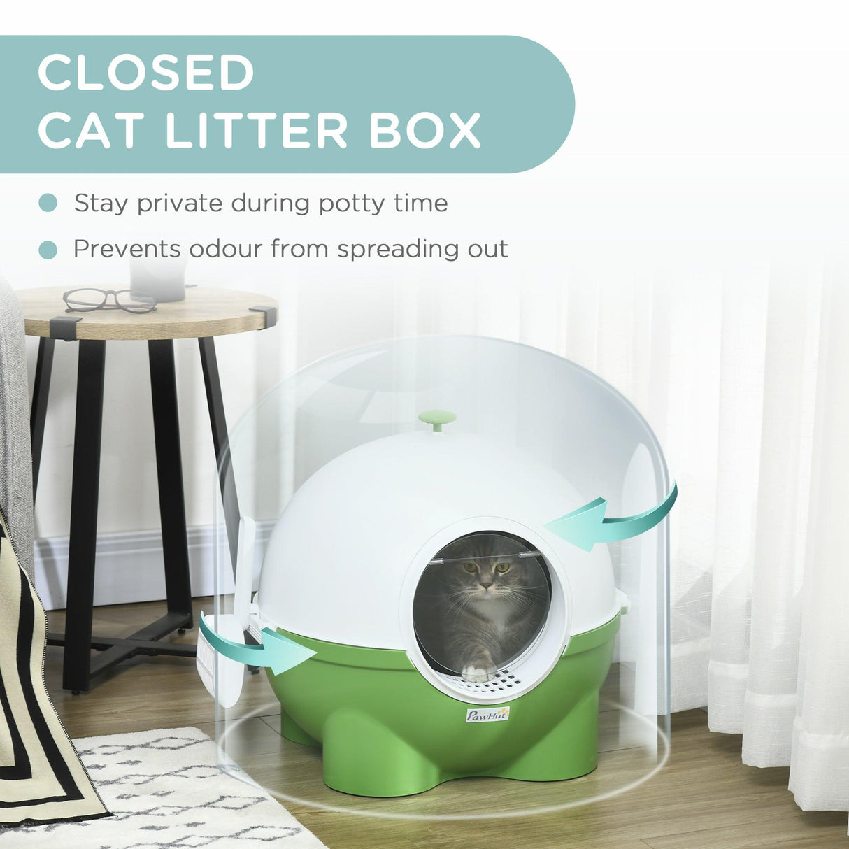 Enclosed Cat Litter Box with Lid, Scoop, Front Entrance - Green - Cat Litter Trays - Purr Wish