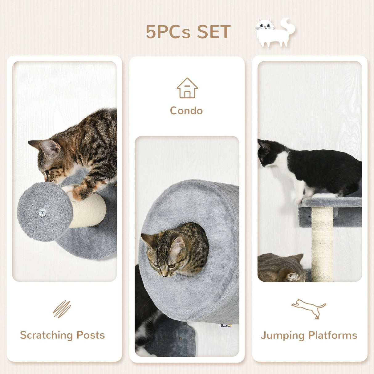 5-Piece Wall-Mounted Cat Shelf Set with Perch, Cat Condo, Scratching Post, Grey - Cat Walls - Purr Wish