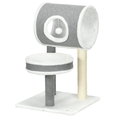 Cat Tree w/ Scratching Posts, Tunnel, Plush Bed, 73cm - Grey & White - Cat Trees - Purr Wish