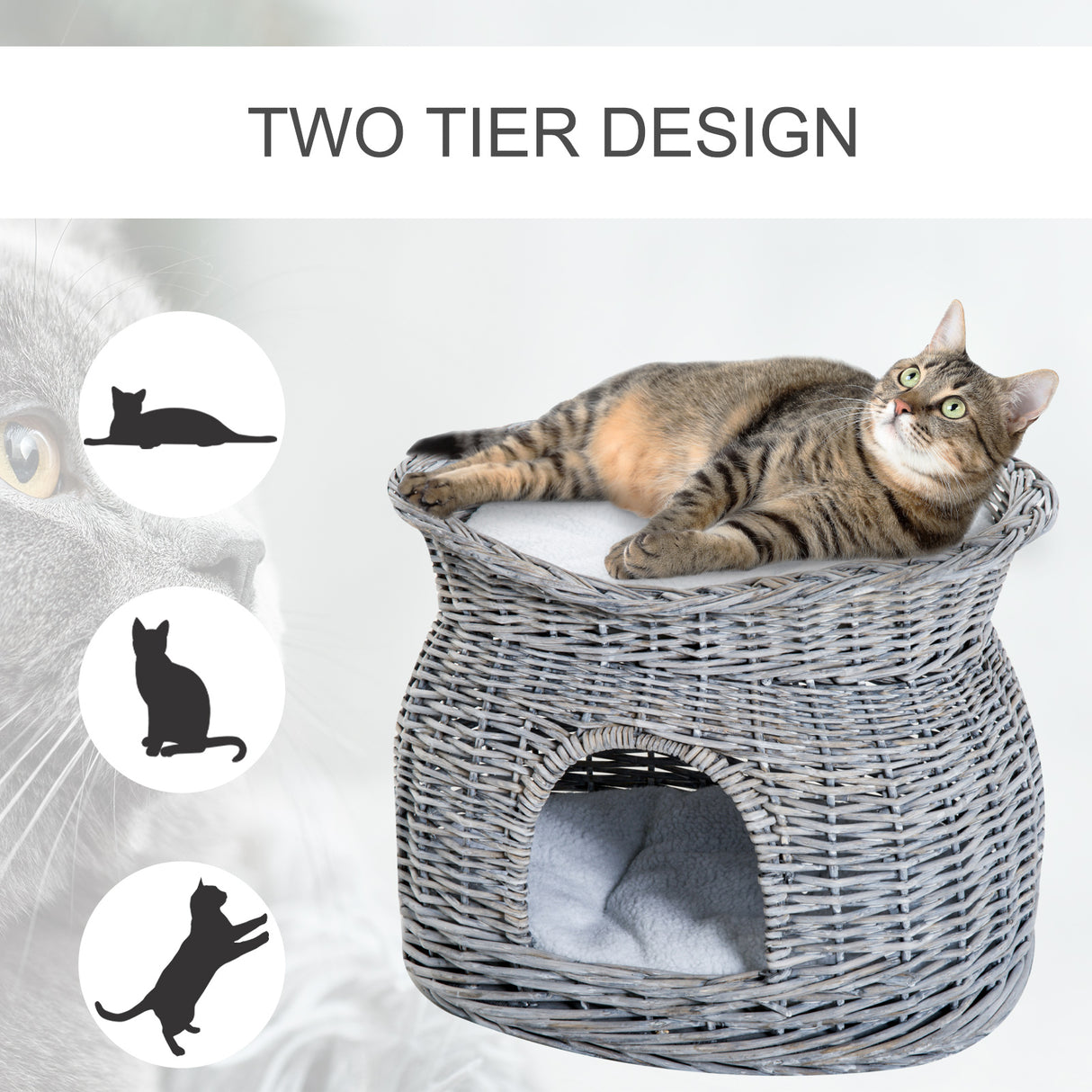 Grey Wicker 2-Tier Cat House with Washable Cushions, 56L x 37W x 40h-cm