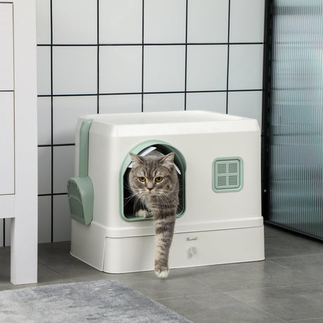 Cat Litter Box with Drawer Pan, Hooded Tray, Deodorants - White - Cat Litter Trays - Purr Wish