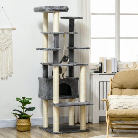 Multi-level Cat Tree w/ Scratching Posts, Bed, Condo, 184cm - Grey - Cat Trees - Purr Wish