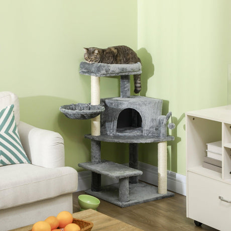 Grey Sisal Cat Tree Tower with Scratching Post, 100cm - Grey - Cat Trees - Purr Wish