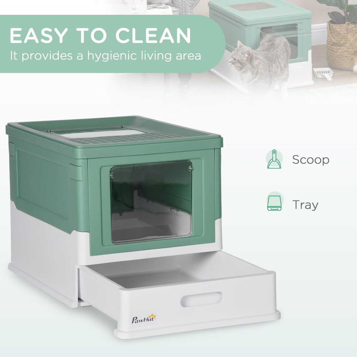 Hooded Cat Litter Box with Scoop, Green & White - Cat Litter Trays - Purr Wish