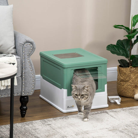 Hooded Cat Litter Box with Scoop, Green & White - Cat Litter Trays - Purr Wish