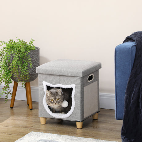 Cat Bed Ottoman with Removable Cushion, Scratching Pad, Handles, Grey