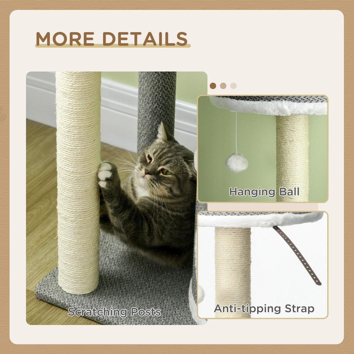 Multi-level Cat Tower with Scratching Posts & Bed, 132cm - Grey - Cat Trees - Purr Wish