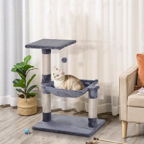 2-Tier Cat Tree Scratching Post w/ Dangle Toy - Grey - Cat Trees - Purr Wish