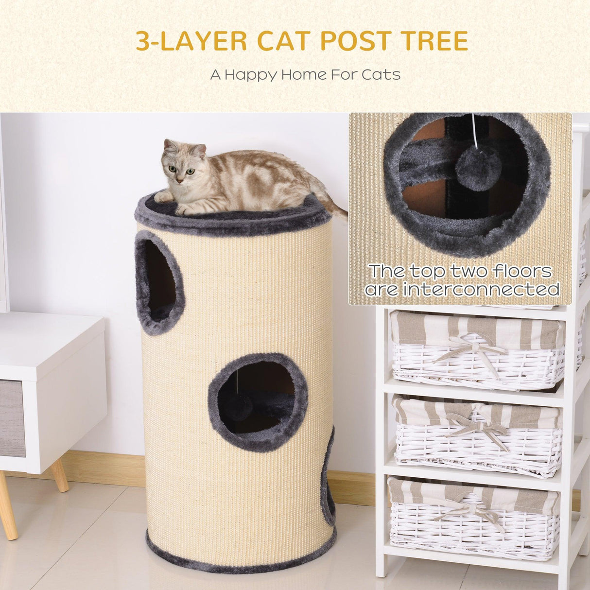 Plush Cat Tree Barrel Scratcher, 70h-cm - Beige/Grey - Cat Trees - Purr Wish