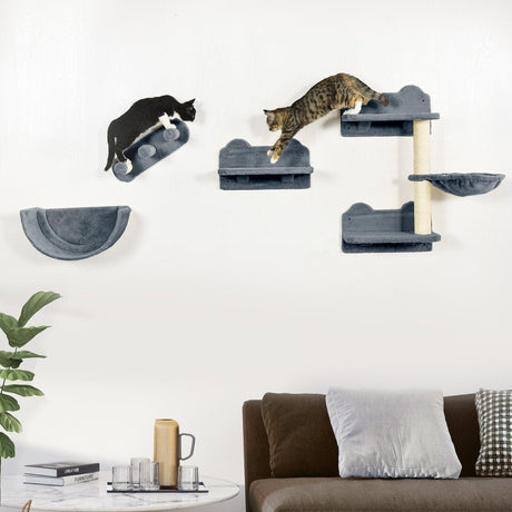 4-Piece Cat Wall Shelves - Scratching Post, Hammock, Nest - Grey & Cream - Cat Walls - Purr Wish