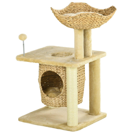 Weaved Cat Tree w/ Scratching Posts, Bed, Toy Ball, 74cm - Beige - Cat Trees - Purr Wish