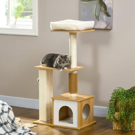 Multi-level Cat Tree w/ Scratchers, Perches, Cat House, 114cm - Oak - Cat Trees - Purr Wish