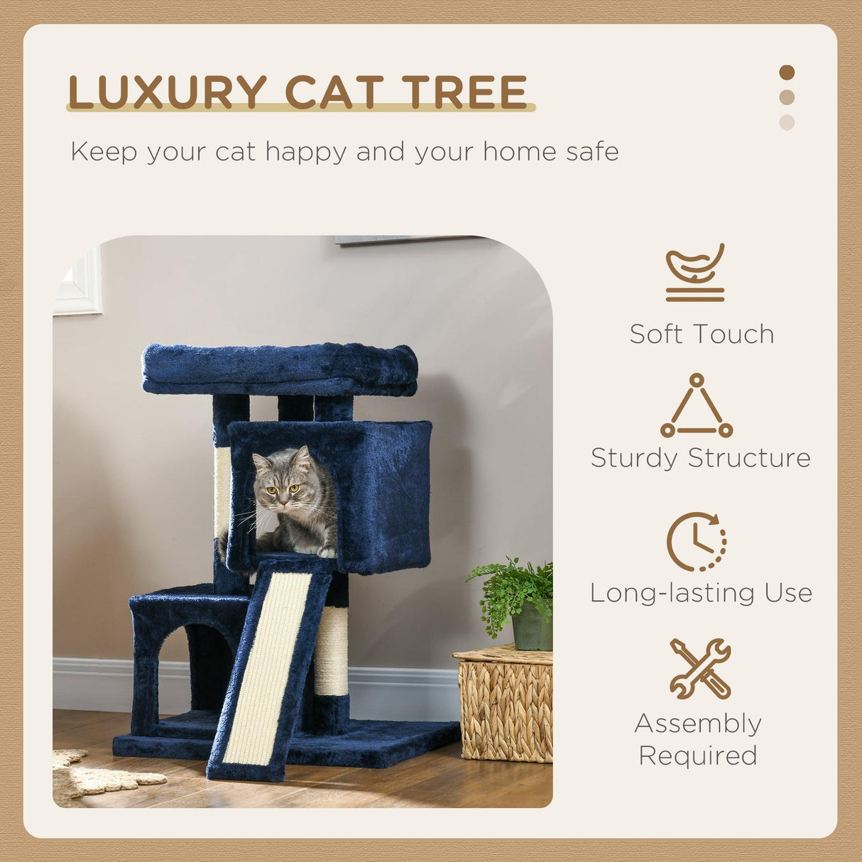 Navy Blue Cat Activity Tree with 2 Houses, Navy Blue - Cat Trees - Purr Wish