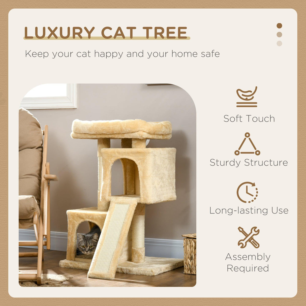 Cat Activity Tree with 2 Houses, 83cm - Cream White - Cat Trees - Purr Wish