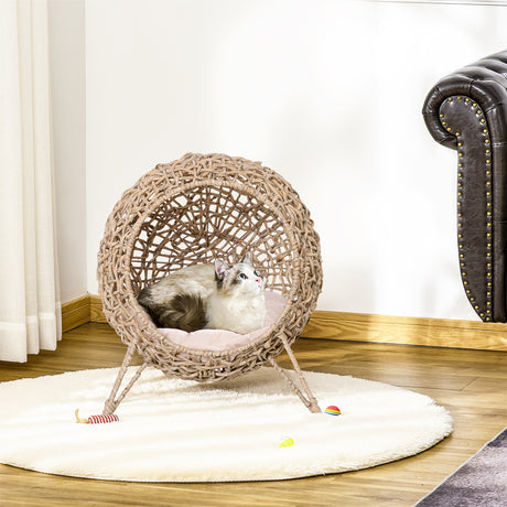 Ball-Shaped Rattan Elevated Cat Basket with Three Tripod Legs, Natural Wood Finish