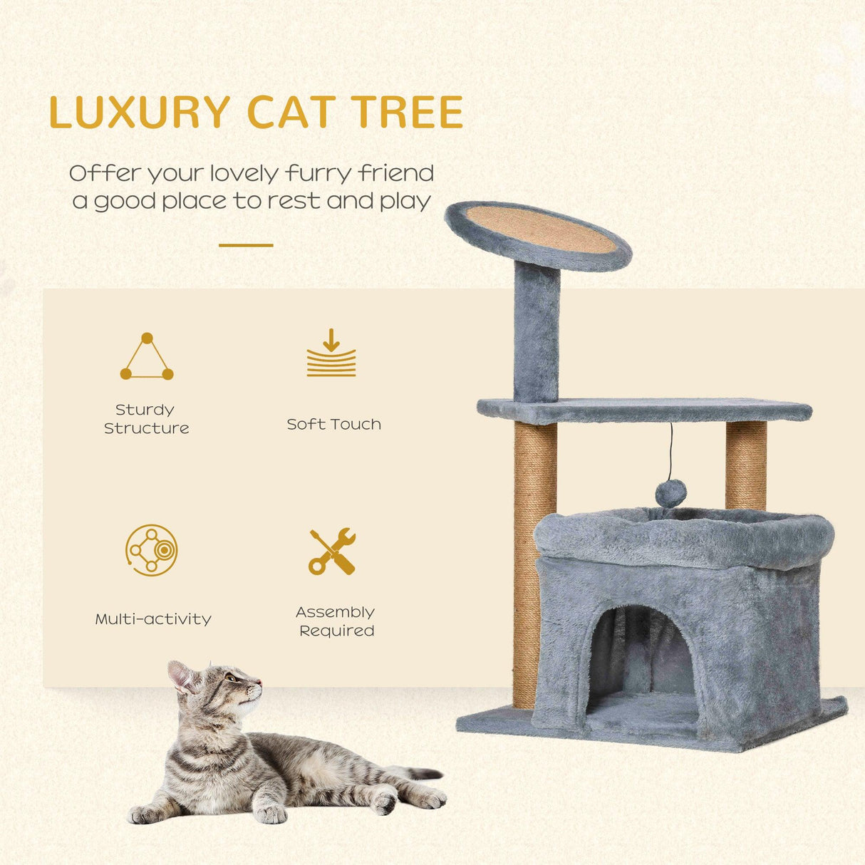 3-Tier Cat Activity Center Tower, 84cm - Grey - Cat Trees - Purr Wish