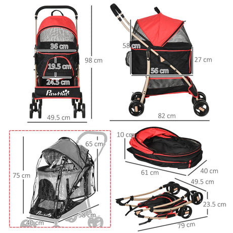 3-in-1 Cat Stroller - Carrier with Universal Wheel & Rain Cover - Red & Black - Cat Carriers & Strollers - Purr Wish