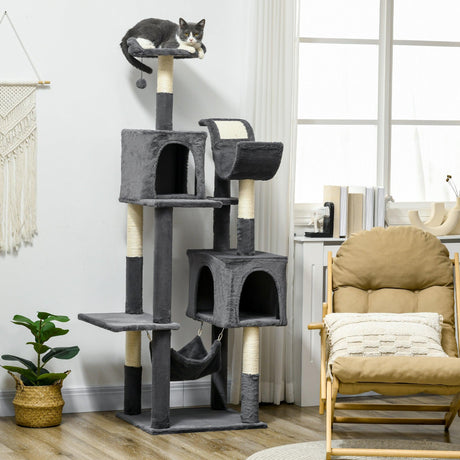 Multi-level Cat Tree with Condos, Toy Ball, 177cm - Dark Grey - Cat Trees - Purr Wish