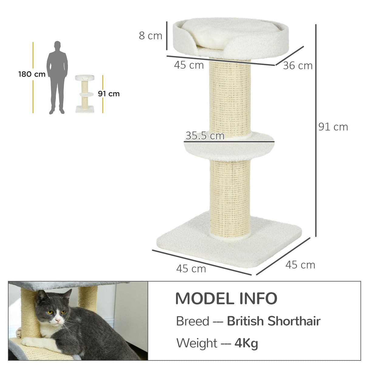 2-Tier Cat Tree with Sherpa Cushion, 91cm - Cream White - Cat Trees - Purr Wish