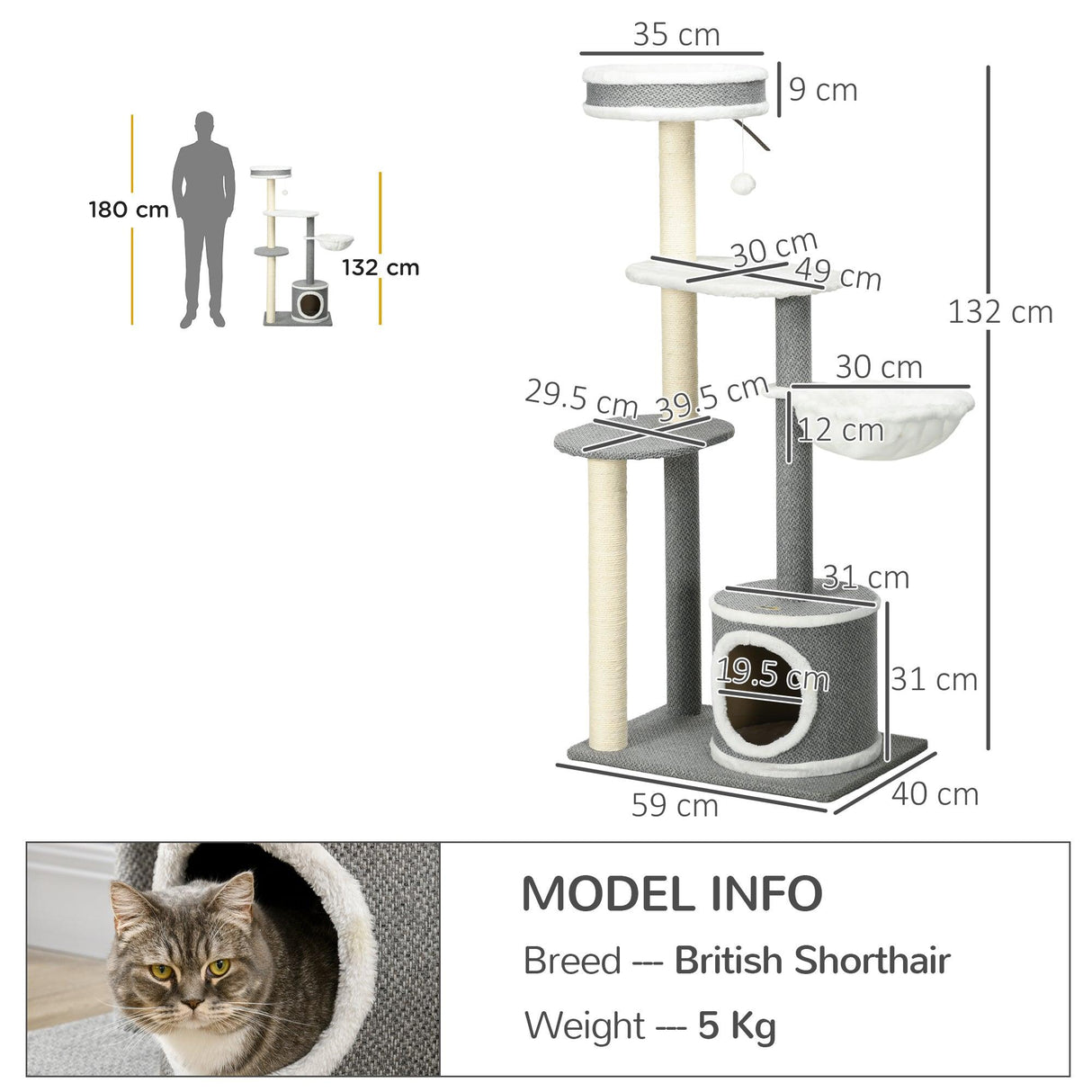 Multi-level Cat Tower with Scratching Posts & Bed, 132cm - Grey - Cat Trees - Purr Wish