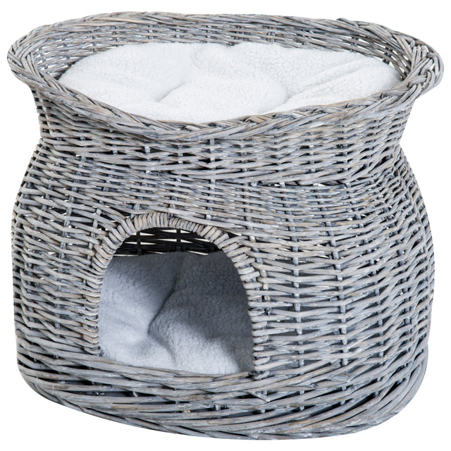 Grey Wicker 2-Tier Cat House with Washable Cushions, 56L x 37W x 40h-cm