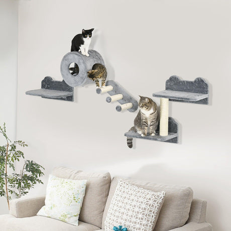 4-Piece Wall-Mounted Cat Tree Furniture with Platforms, Steps, Scratching Post, Grey - Cat Walls - Purr Wish