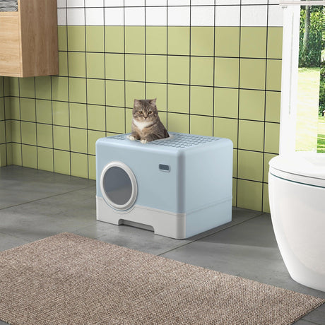 Enclosed Cat Litter Box with Front Entry & Scoop - Light Blue - Cat Litter Trays - Purr Wish