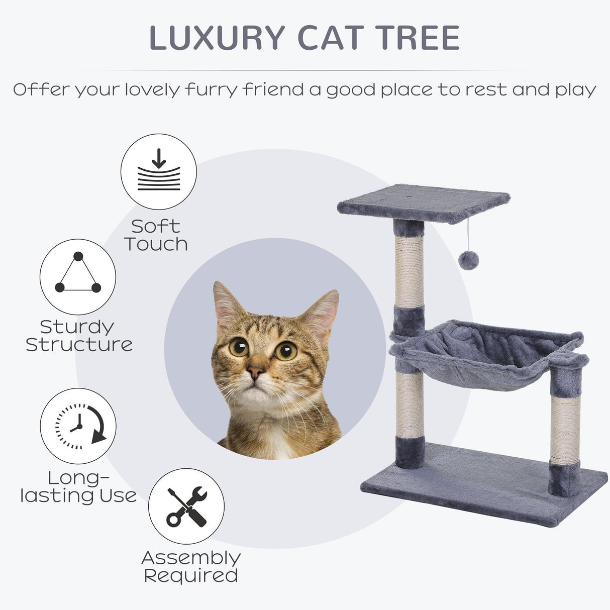 2-Tier Cat Tree Scratching Post w/ Dangle Toy - Grey - Cat Trees - Purr Wish