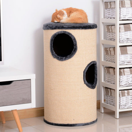 Plush Cat Tree Barrel Scratcher, 70h-cm - Beige/Grey - Cat Trees - Purr Wish