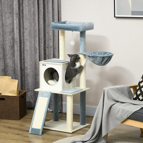 Cat Tree w/ Scratching Posts, Hammock, Bed, House, 114cm - Grey Blue - Cat Trees - Purr Wish