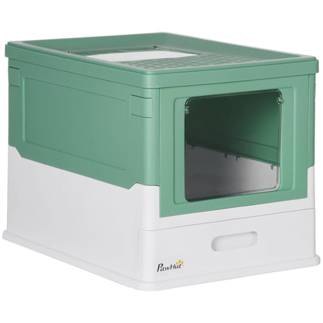 Hooded Cat Litter Box with Scoop, Green & White - Cat Litter Trays - Purr Wish