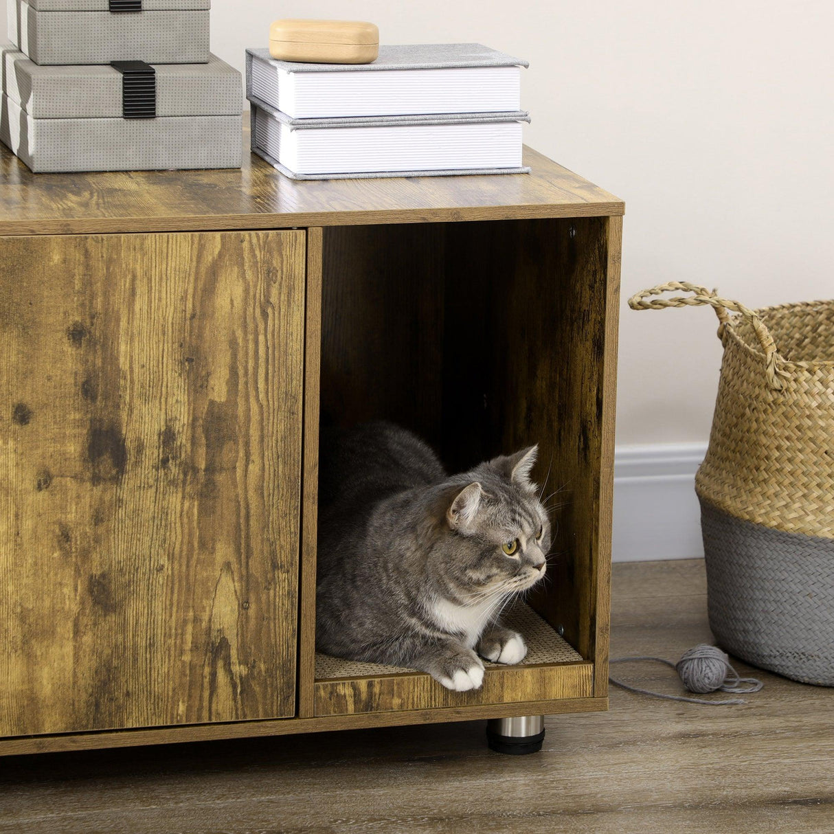 Hidden Cat Washroom Enclosure with Scratching Pad, Rustic Brown - Cat Litter Trays - Purr Wish