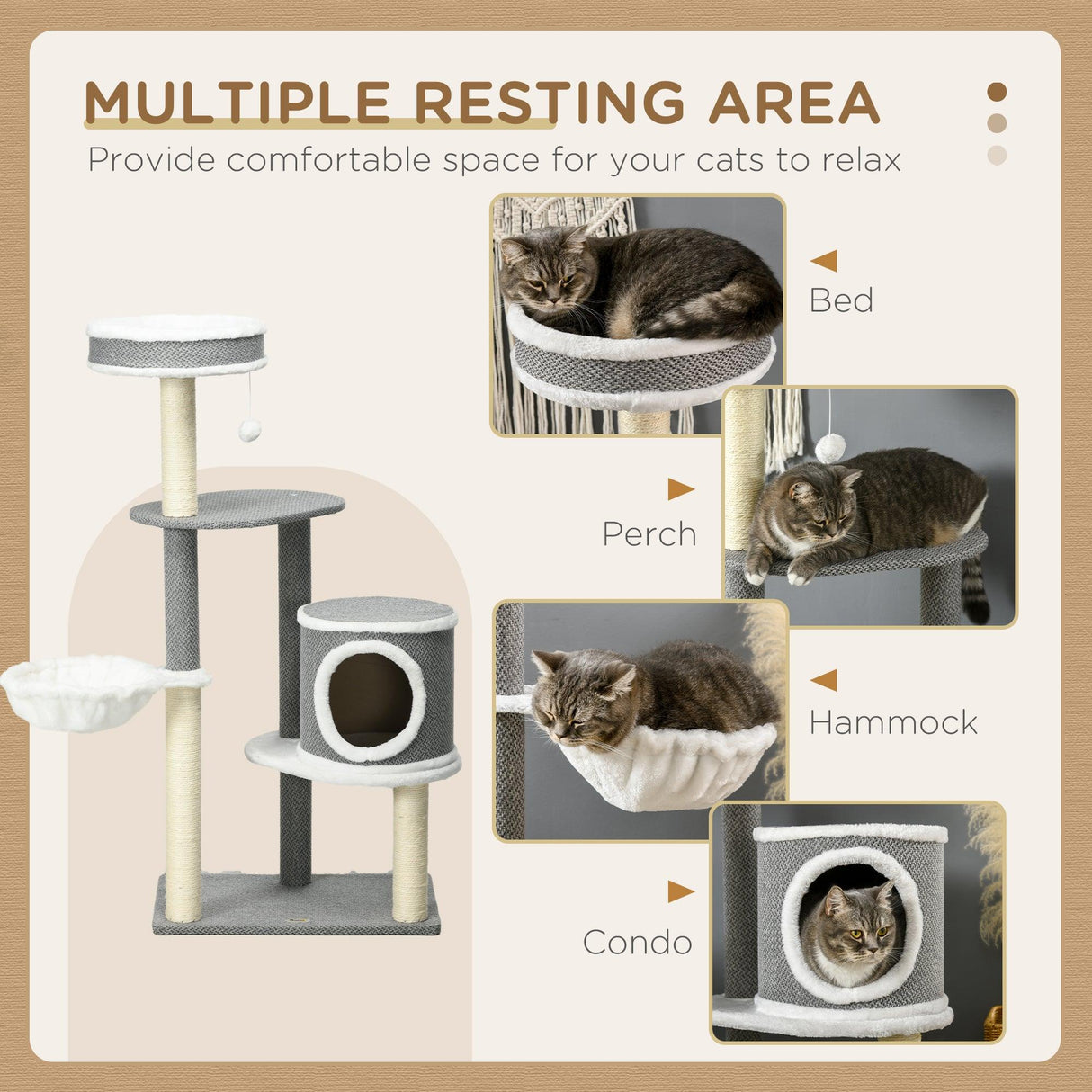 Multi-level Cat Tower with Bed & Toy Ball, 124cm - Grey - Cat Trees - Purr Wish