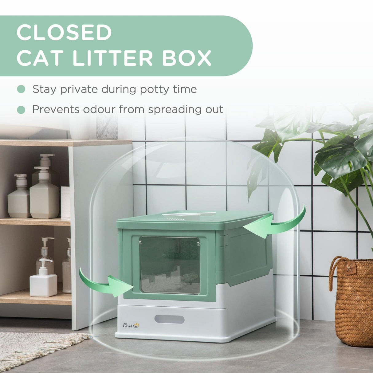 Hooded Cat Litter Box with Scoop, Green & White - Cat Litter Trays - Purr Wish