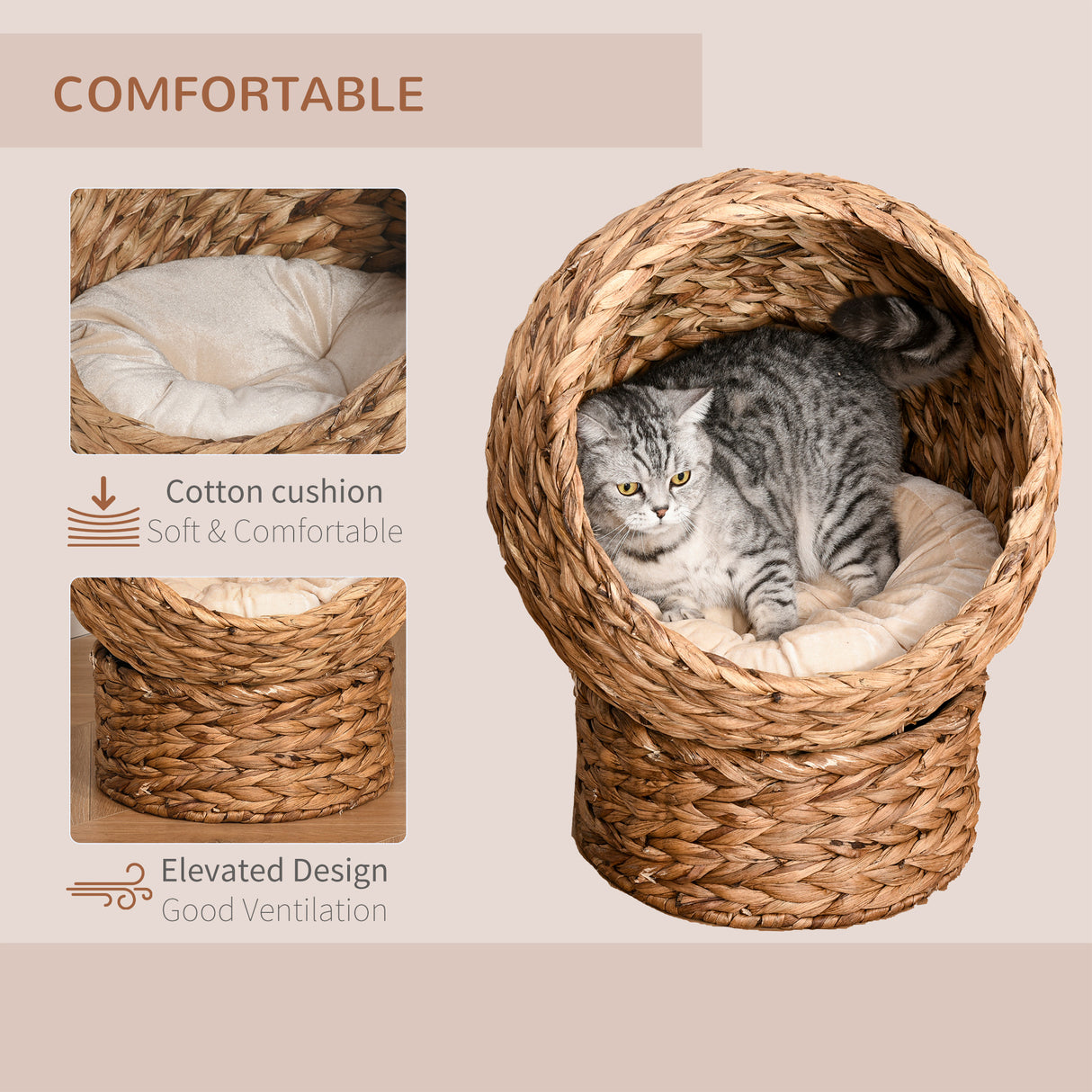 Raised Rattan Cat Bed with Soft Washable Cushion, Brown, 42 x 33 x 52cm