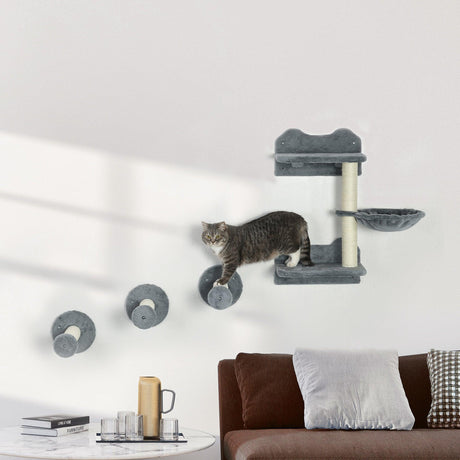 4-Piece Wall-Mounted Cat Shelf Set - Hammock, Platforms, Scratching Post, Grey - Cat Walls - Purr Wish