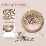 Ball-Shaped Rattan Elevated Cat Basket with Three Tripod Legs, Natural Wood Finish