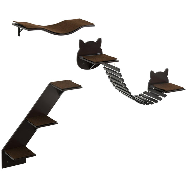 3-Piece Coffee Brown Cat Wall Shelf Set - Cat Walls - Purr Wish